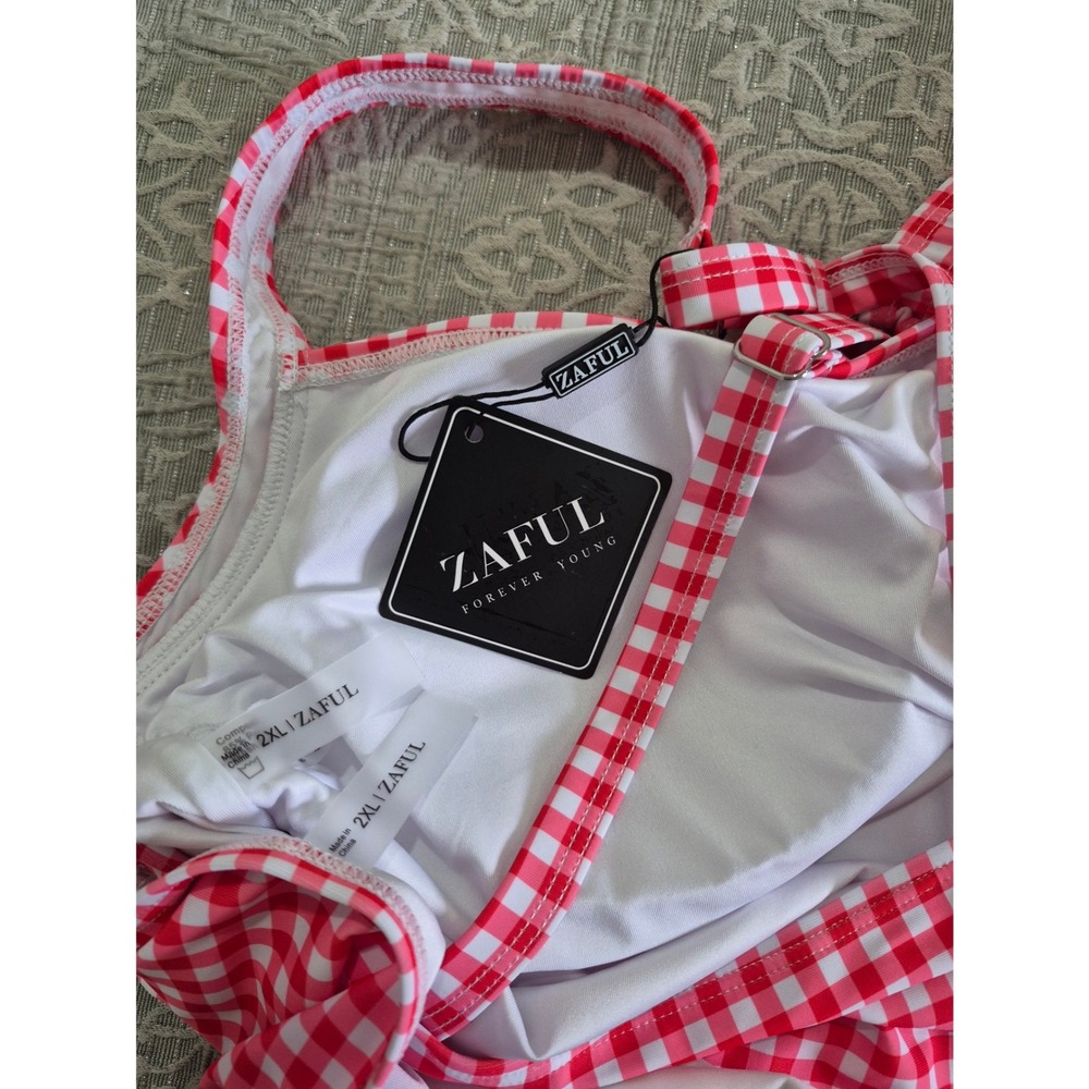 ZAFUL Red White Gingham Tankini Swimsuit Two‎ Piece Set Retro Checkered New 2XL - Picture 7 of 7